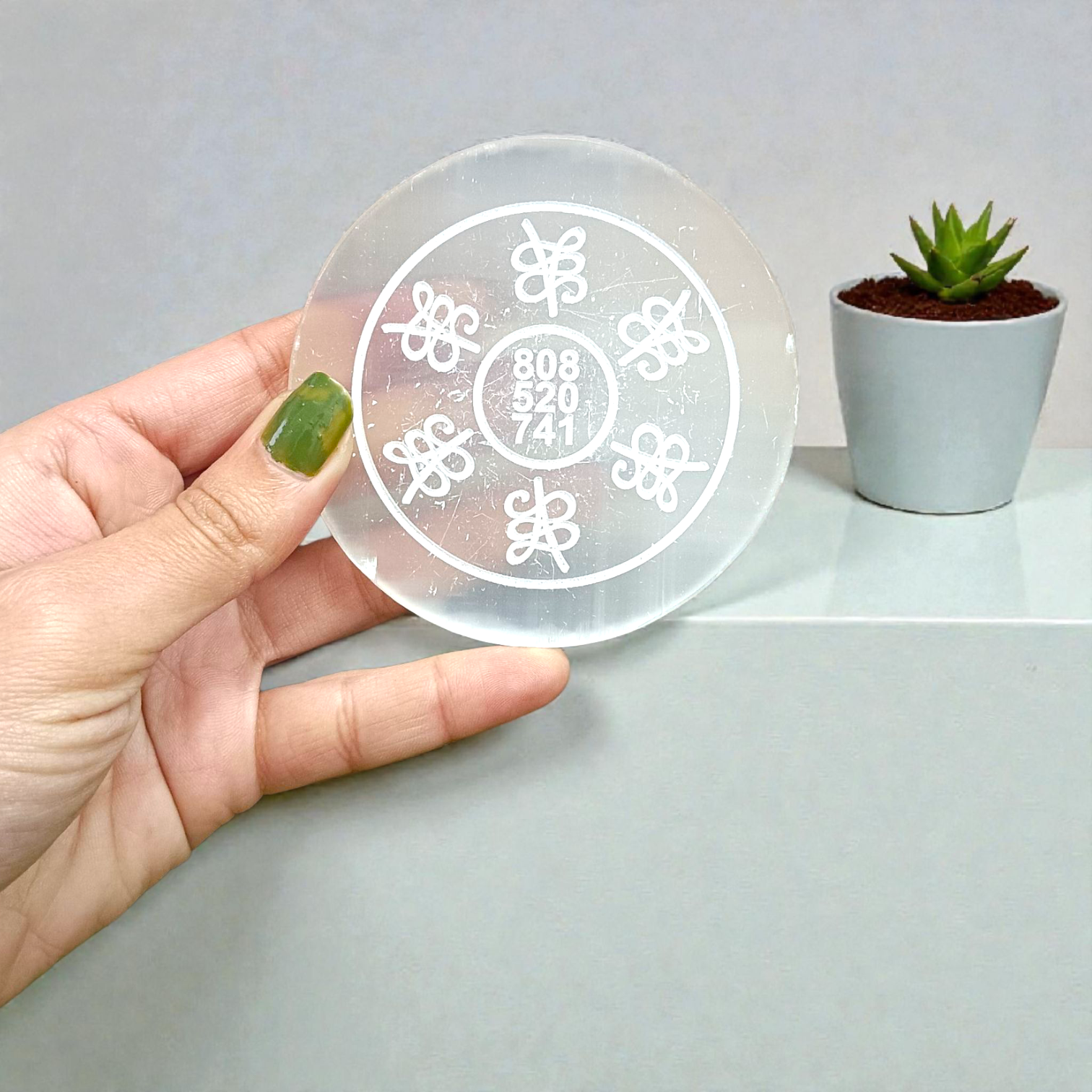 Lab-Certified Selenite Charging Plate engraved with Reiki Healing numbers for meditation, Vastu, and crystal energy work