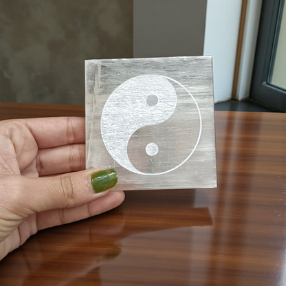 Lab-Certified Selenite Engraved Charging Plate Coaster for crystal cleansing, clarity, intuition, and meditation