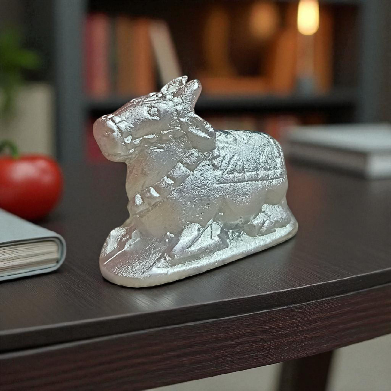 Lab-certified Natural Parad Nandi idol handcrafted in pure mercury, resting posture, spiritual décor for temples