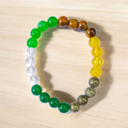 Lab certified Money Magnet Bracelet made with polished 8mm Green Aventurine, Citrine, and Pyrite beads, stretchable design placed on a soft fabric background