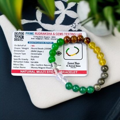 Lab certified Money Magnet Bracelet made with polished 8mm Green Aventurine, Citrine, and Pyrite beads, stretchable design placed on a soft fabric background