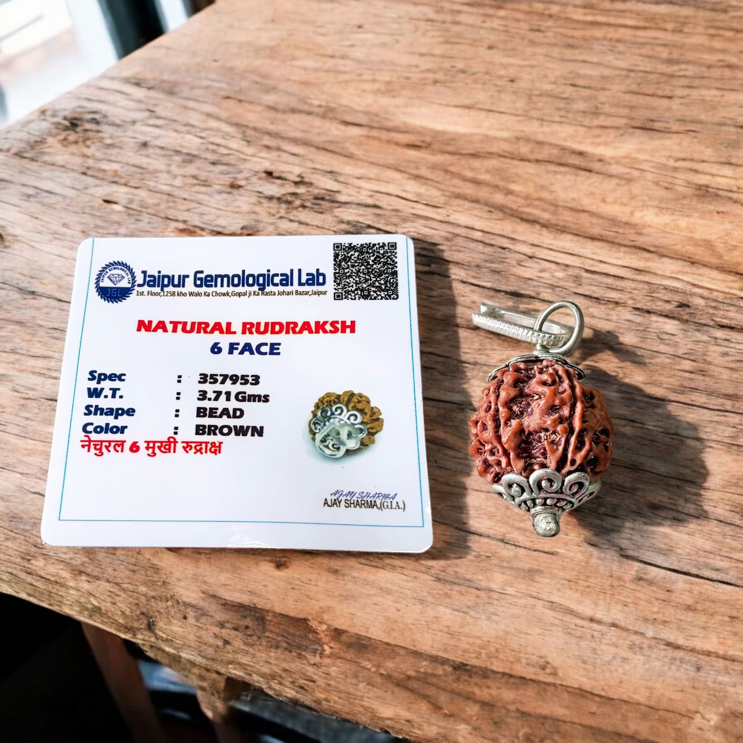 Lab certified Rudraksha pendant featuring 4 Mukhi and 6 Mukhi beads set in metal caps, designed for wisdom, focus, and inner strength
