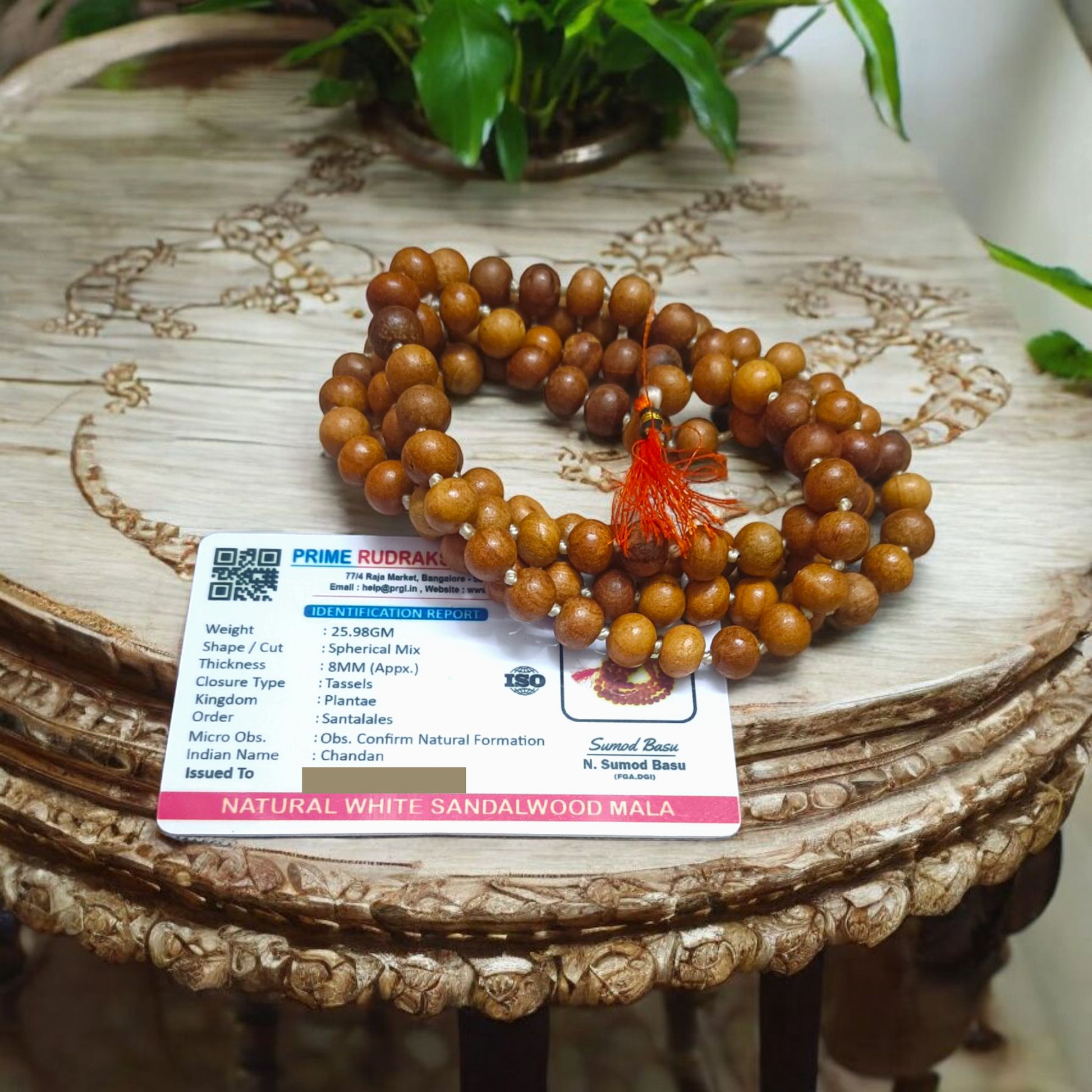 Lab certified White Sandalwood Mala with 108+1 and 27+1 bead variants, handcrafted with sacred intention