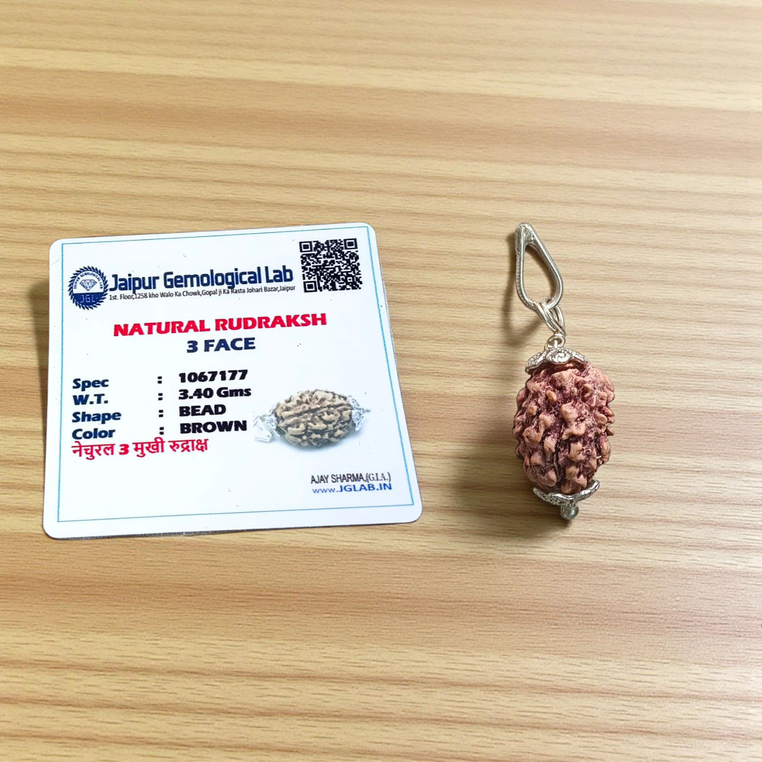 Lab certified pendant featuring 3 Mukhi and 5 Mukhi Rudraksha beads set in a polished metal cap design, used for spiritual transformation and protection