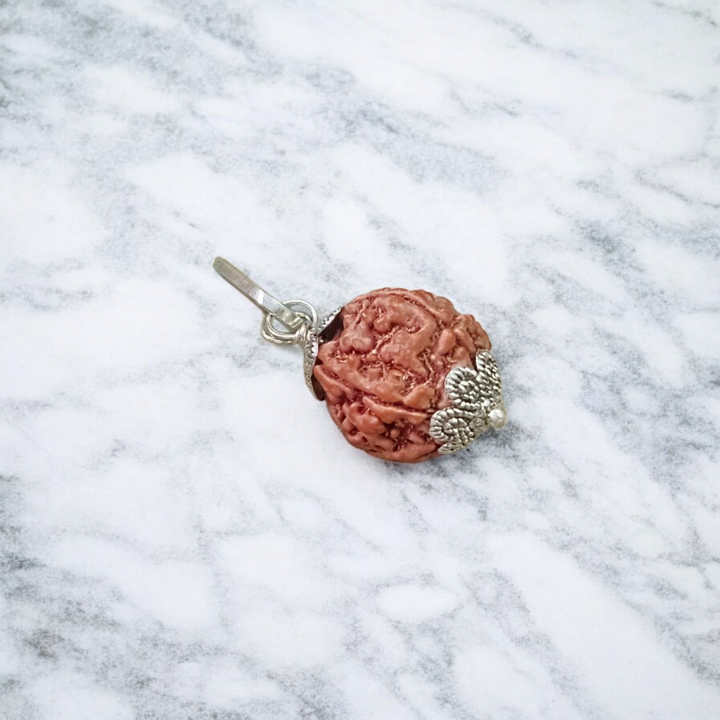 Lab certified pendant featuring 3 Mukhi and 5 Mukhi Rudraksha beads set in a polished metal cap design, used for spiritual transformation and protection