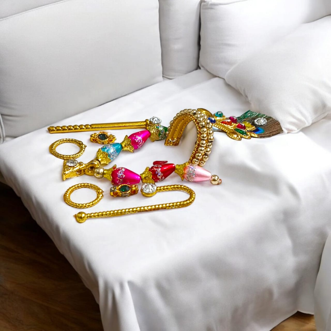 Laddu Gopal Shringaar Set | Mukut, Earring, Bangles, Mala, Bansuri | Malawala