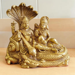 Lakshmi Narayan Brass Idol on Shesha Naag, Lord Vishnu Lakshmi Brass Murti for Home Temple Puja, Spiritual Decor and Divine Blessings