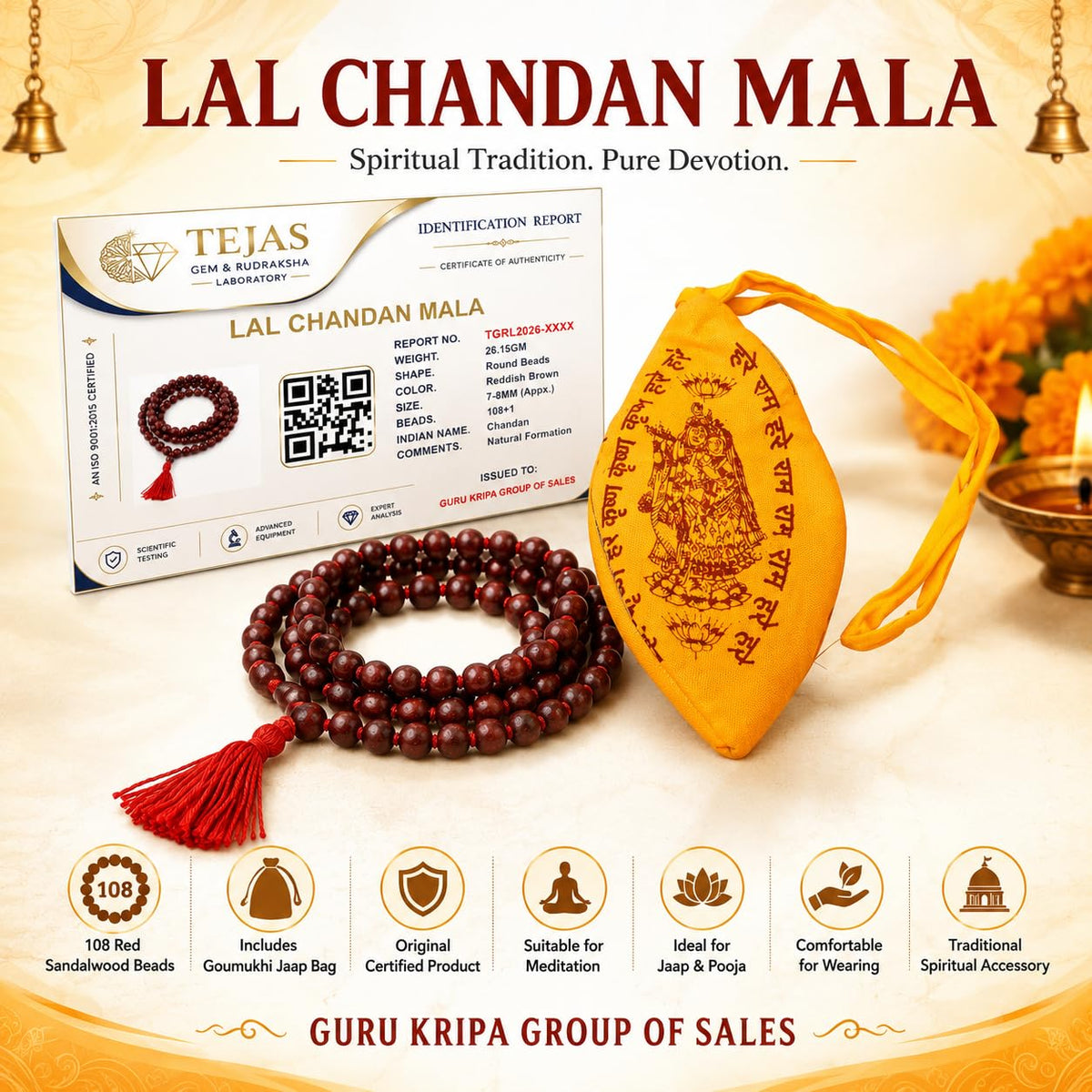 Lal Chandan (Red Sandalwood) Mala 8MM 108+1 Beads Lab Certified | Malawala