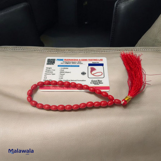 Lal Moonga Jaap Mala 27+1 Beads 7-8mm – Lab Certified | Malawala