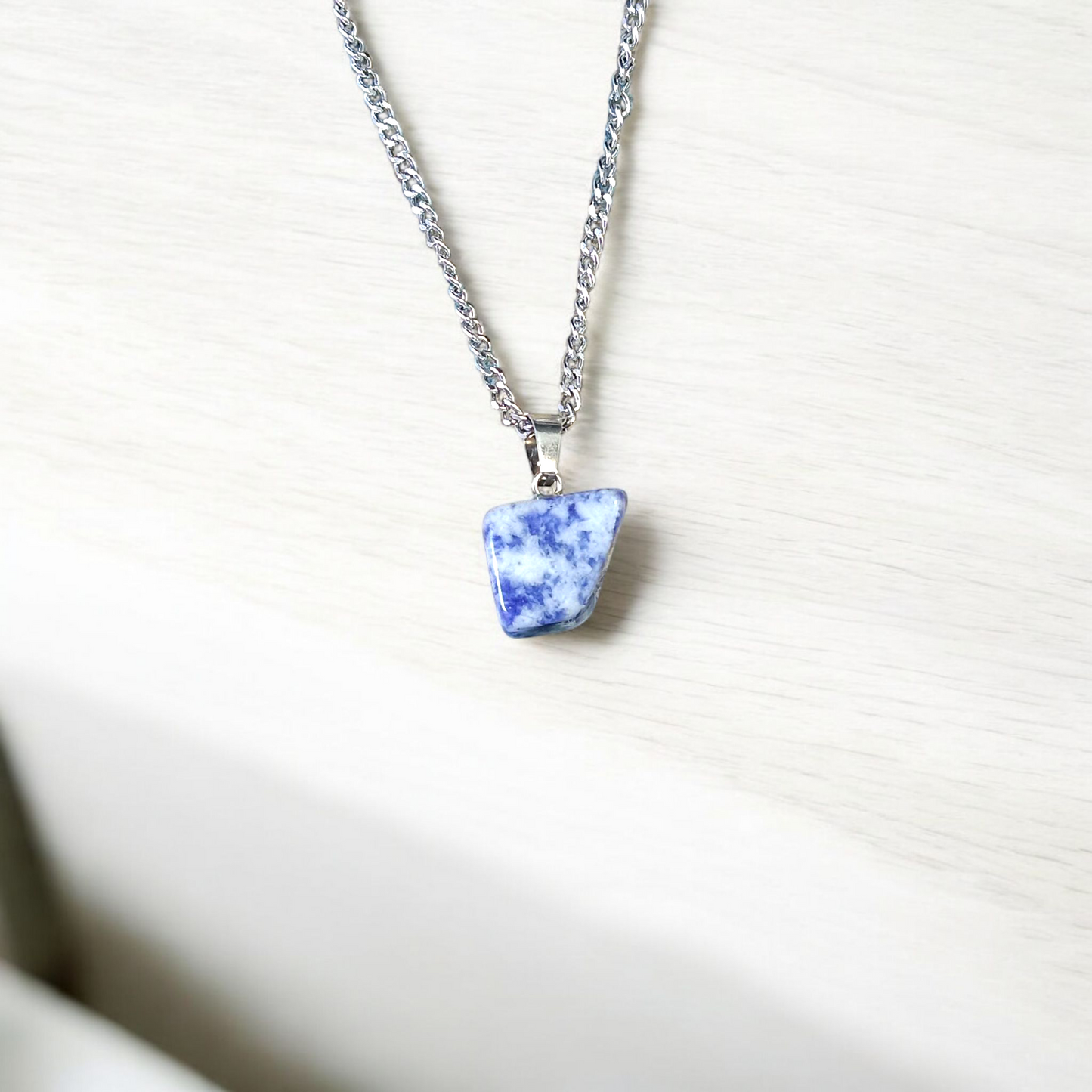 Lapis Lazuli Pendant with white metal chain – deep blue crystal with gold flecks, polished oval shape, lab certified