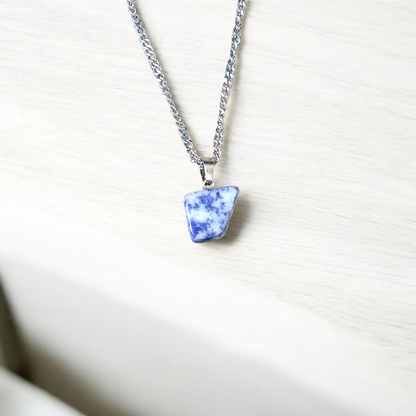Lapis Lazuli Pendant with white metal chain – deep blue crystal with gold flecks, polished oval shape, lab certified
