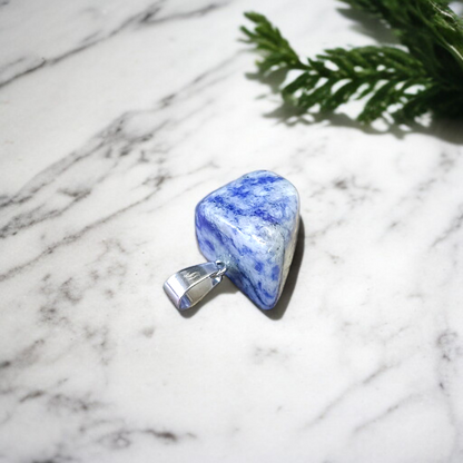 Lapis Lazuli Pendant with white metal chain – deep blue crystal with gold flecks, polished oval shape, lab certified
