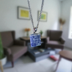 Lapis Lazuli Pendant with white metal chain – deep blue crystal with gold flecks, polished oval shape, lab certified