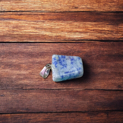 Lapis Lazuli Pendant with white metal chain – deep blue crystal with gold flecks, polished oval shape, lab certified