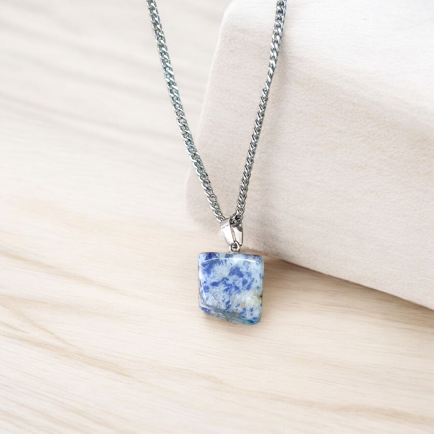 Lapis Lazuli Pendant with white metal chain – deep blue crystal with gold flecks, polished oval shape, lab certified