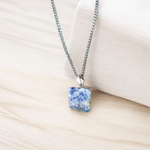 Lapis Lazuli Pendant with white metal chain – deep blue crystal with gold flecks, polished oval shape, lab certified
