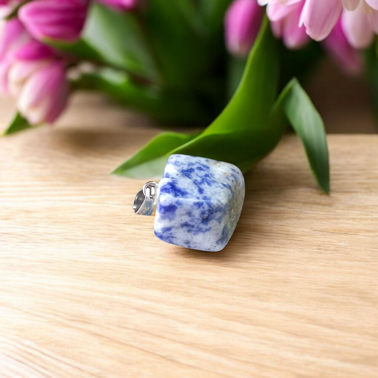 Lapis Lazuli Pendant with white metal chain – deep blue crystal with gold flecks, polished oval shape, lab certified