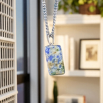 Lapis Lazuli Pendant with white metal chain – deep blue crystal with gold flecks, polished oval shape, lab certified