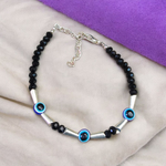 Lightweight black beads anklet with evil eye charm for kids, designed for spiritual protection and daily comfort, by MALAWALA