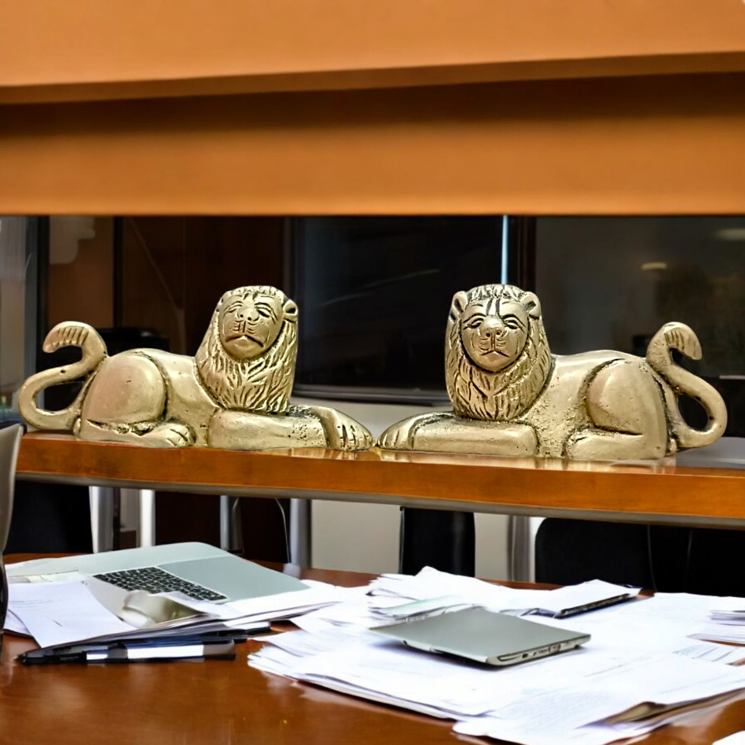 Lion Idol in Brass | Combo Set of Lion for Office Table or Front of Home Temple | Sitting in Mirror Position | Malawala