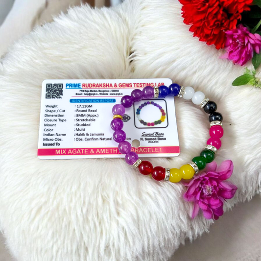 Mix Agate & Amethyst Bracelet – 7 Types of Hakik with Jamunia – 8mm Stretchable Beads – Lab Certified - Malawala