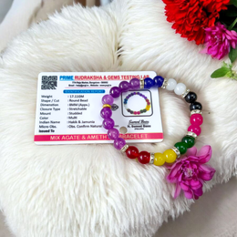 Mix Agate & Amethyst Bracelet – 7 Types of Hakik with Jamunia – 8mm Stretchable Beads – Lab Certified - Malawala