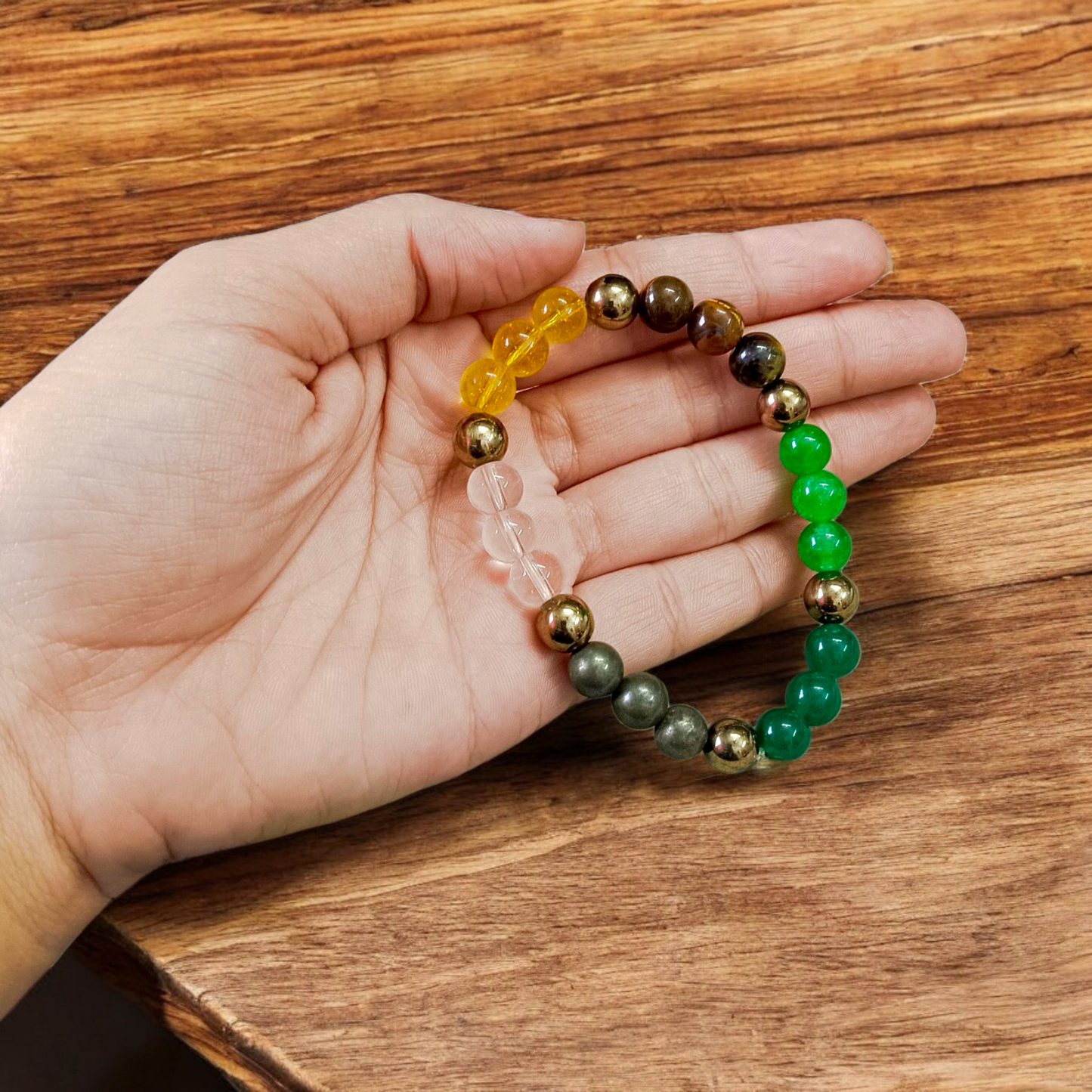 Money Magnet Bracelet with 8mm polished beads made from wealth-attracting stones like Citrine and Pyrite, stretchable for men and women