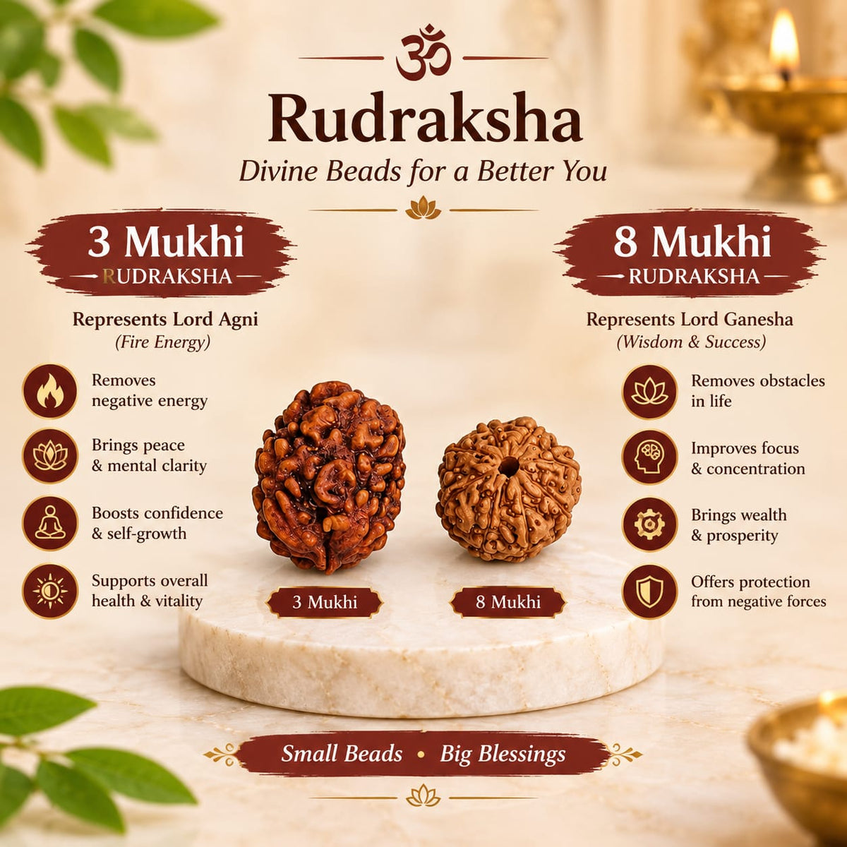 Natural 3 Mukhi and 8 Mukhi Rudraksha combo lab certified spiritual beads for meditation, wisdom, confidence and prosperity by Malawala