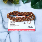 Natural 5 Face Rudraksha Mala with 50 golden-capped 6mm beads, handcrafted and lab-certified, ideal for meditation and daily wear with 1-year plating guarantee