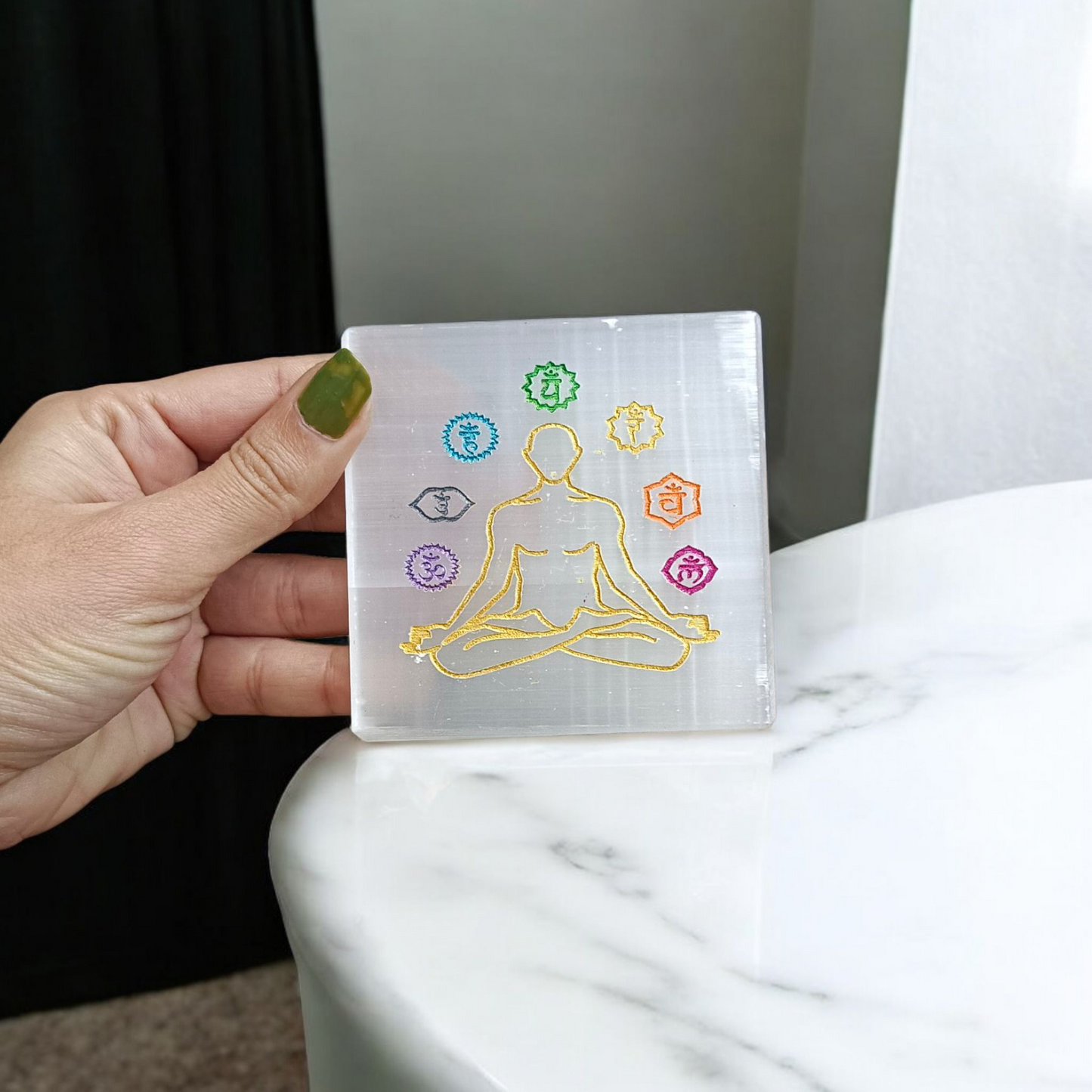 Natural 7 Chakra Selenite Charging Plate for crystal cleansing, meditation, and Reiki energy work