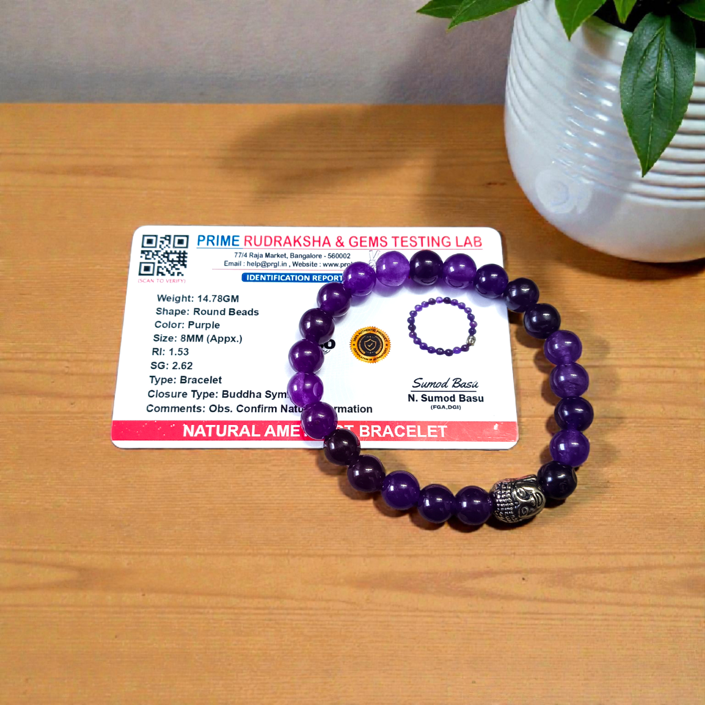 Natural Amethyst bracelet with polished 8mm beads, stretchable and lab certified, suitable for men and women for meditation and daily wear