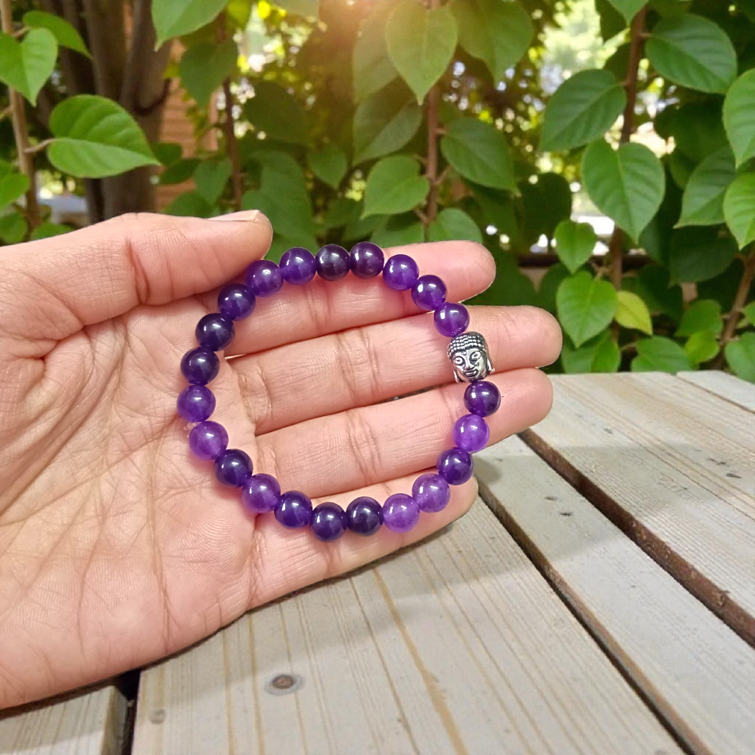 Natural Amethyst bracelet with polished 8mm beads, stretchable and lab certified, suitable for men and women for meditation and daily wear