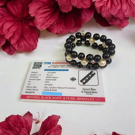 Natural Black Agate (Hakik) and Pearl Bracelet with lab certification, featuring handcrafted beadwork
