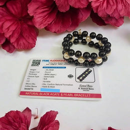 Natural Black Agate (Hakik) and Pearl Bracelet with lab certification, featuring handcrafted beadwork