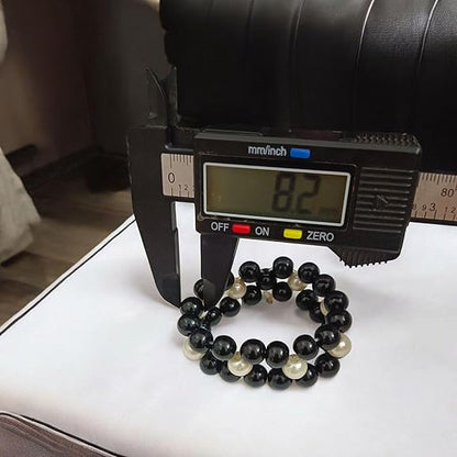 Natural Black Agate (Hakik) and Pearl Bracelet with lab certification, featuring handcrafted beadwork