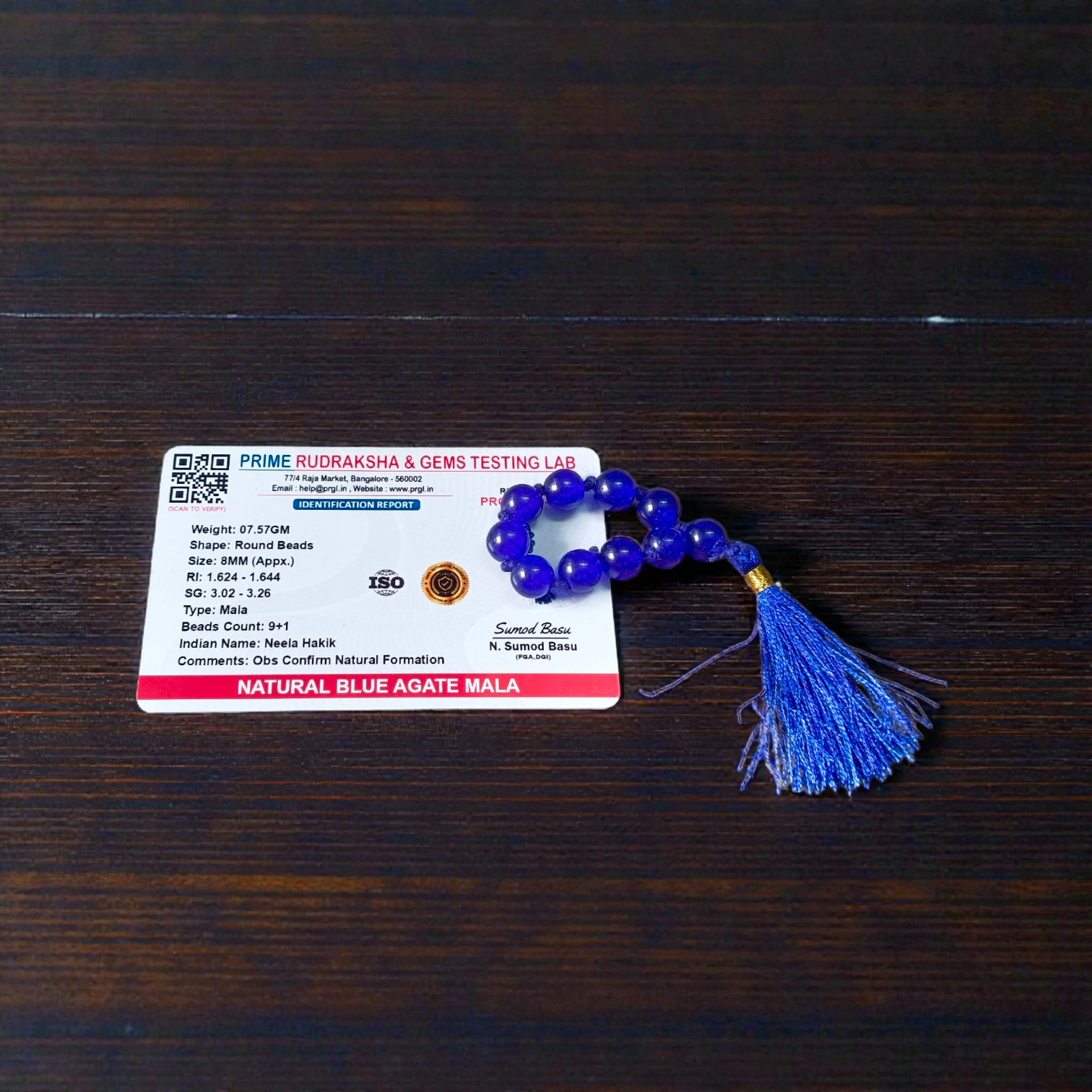 Natural Blue Agate Finger Mala 9+1 Beads, Neela Hakik 8mm Beads, Lab Certified
