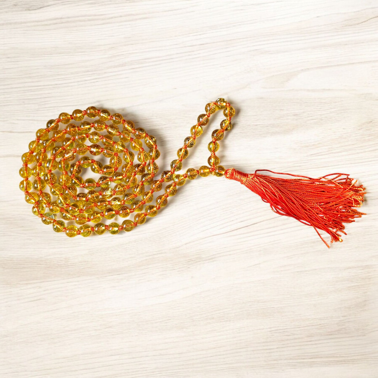 Natural Citrine Crystal Mala with 108 and 27 Beads, 8mm, Hand-knotted with tassel – Used for Meditation, Japa, and Chanting