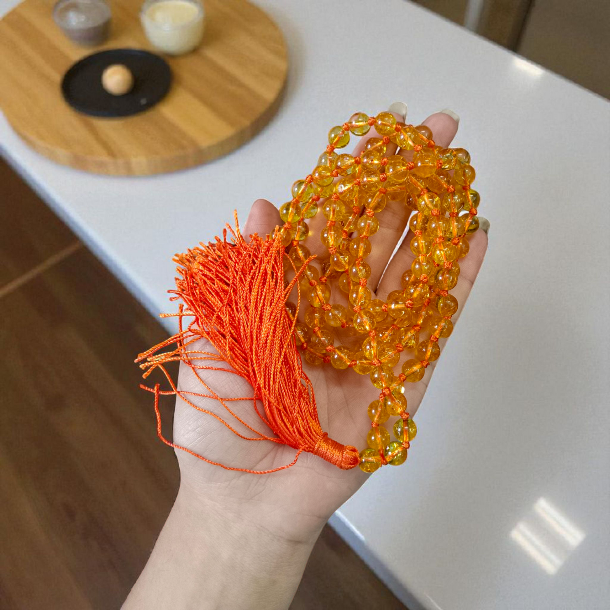 Natural Citrine Crystal Mala with 108 and 27 Beads, 8mm, Hand-knotted with tassel – Used for Meditation, Japa, and Chanting