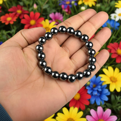 Natural Hematite Bracelet 8-9mm Stretchable Beads Lab Certified Healing Bracelet for Focus Protection Chakra Balancing