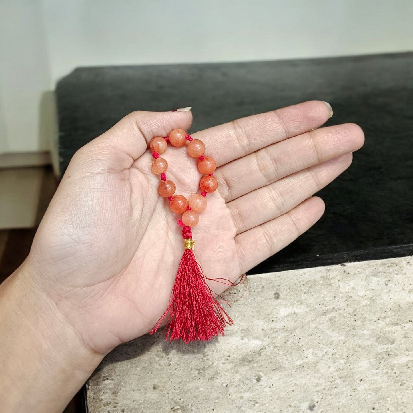 Natural Hessonite (Gomed) Finger Mala with 9+1 lab-certified honey-orange beads, handcrafted for meditation, astrological remedies, and daily wear by MALAWALA