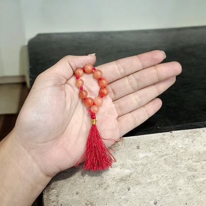 Natural Hessonite (Gomed) Finger Mala with 9+1 lab-certified honey-orange beads, handcrafted for meditation, astrological remedies, and daily wear by MALAWALA