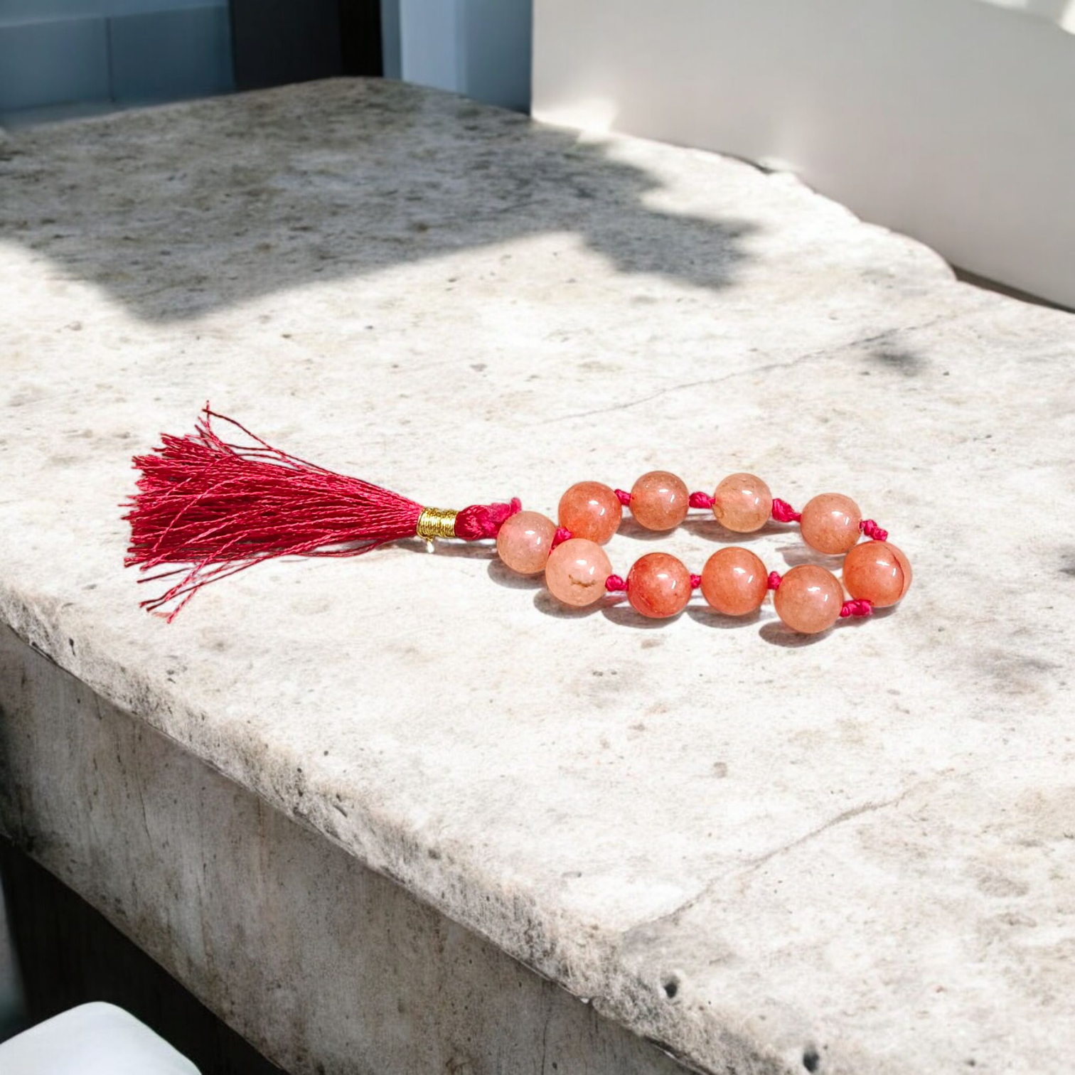Natural Hessonite (Gomed) Finger Mala with 9+1 lab-certified honey-orange beads, handcrafted for meditation, astrological remedies, and daily wear by MALAWALA