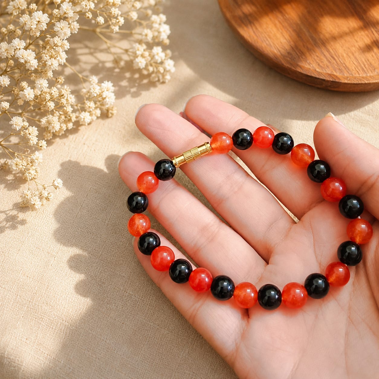Natural Hessonite and Black Agate Bracelet 8MM Lab Certified Gemstone Bracelet for Daily Wear Protection and Style