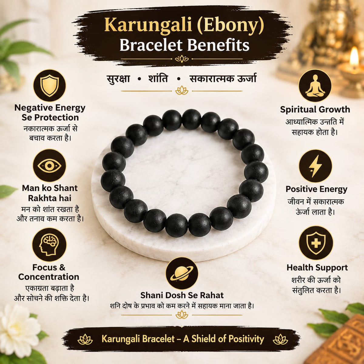 Natural Karungali Ebony Bracelet 10MM beads stretchable lab certified meditation bracelet