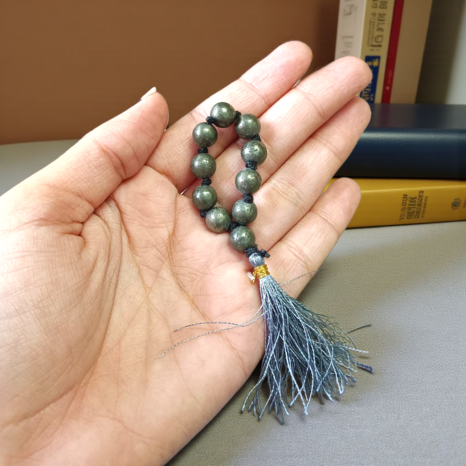 Natural Pyrite Finger Mala with 9+1 lab-certified golden beads, handcrafted for meditation and chanting by MALAWALA