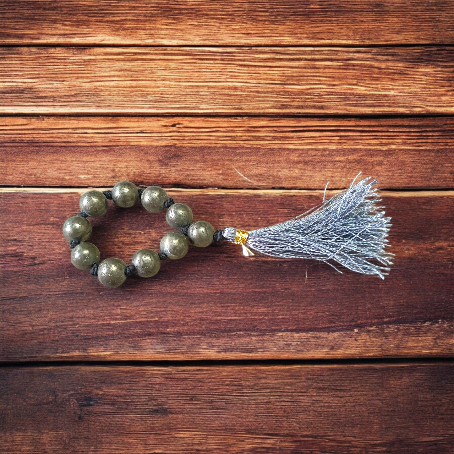 Natural Pyrite Finger Mala with 9+1 lab-certified golden beads, handcrafted for meditation and chanting by MALAWALA