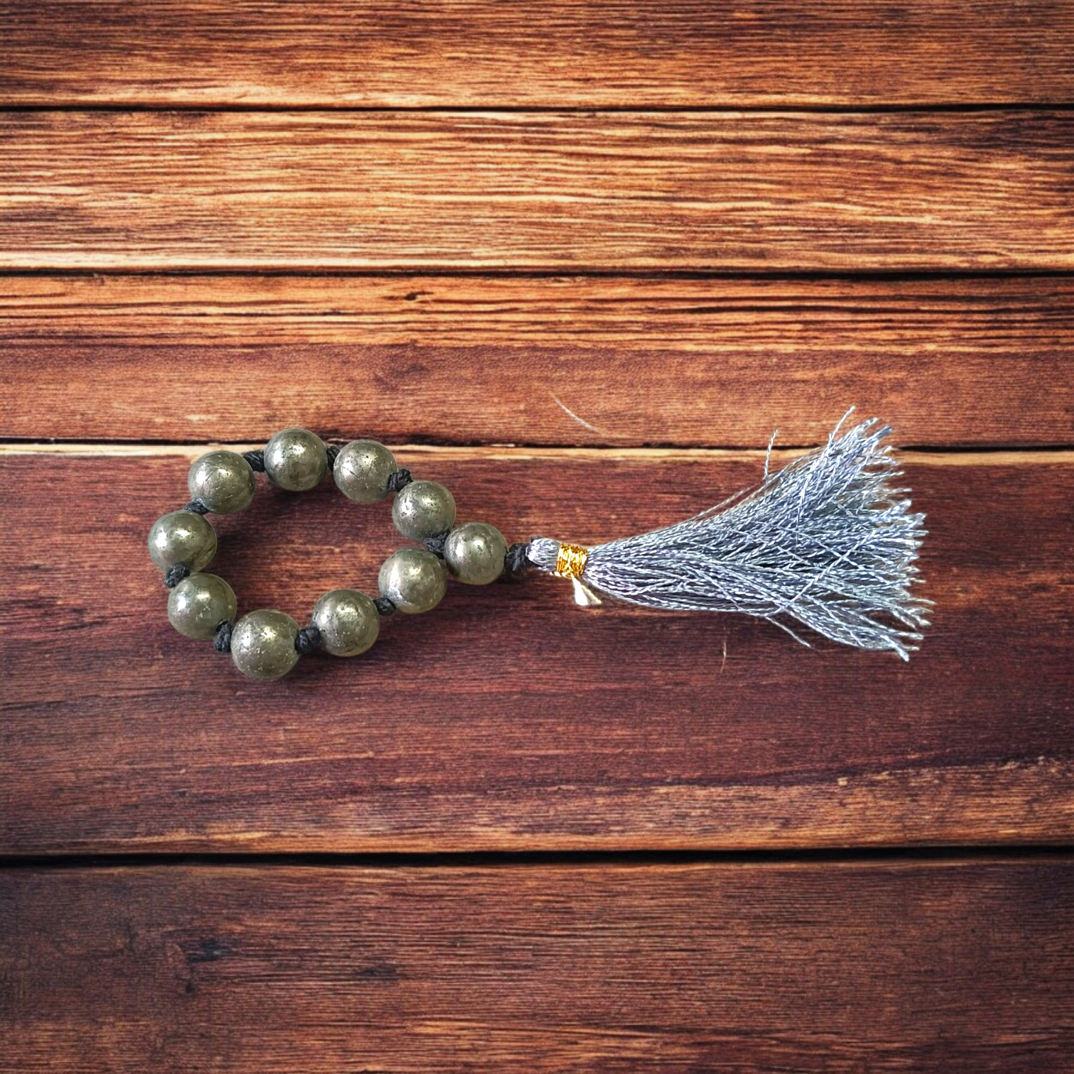 Natural Pyrite Finger Mala with 9+1 lab-certified golden beads, handcrafted for meditation and chanting by MALAWALA