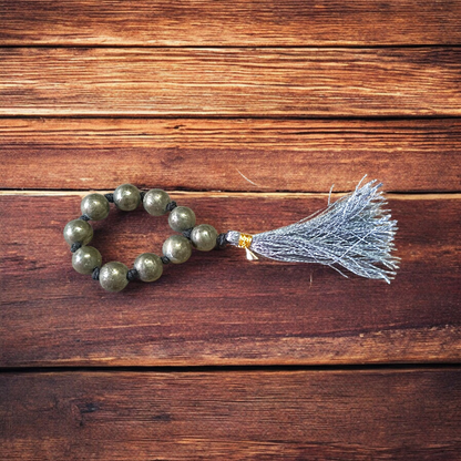 Natural Pyrite Finger Mala with 9+1 lab-certified golden beads, handcrafted for meditation and chanting by MALAWALA