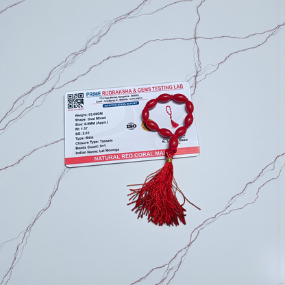 Natural Red Coral Finger Mala 9+1 Beads, Handcrafted Lal Moonga Mala 8-9mm, Lab Certified