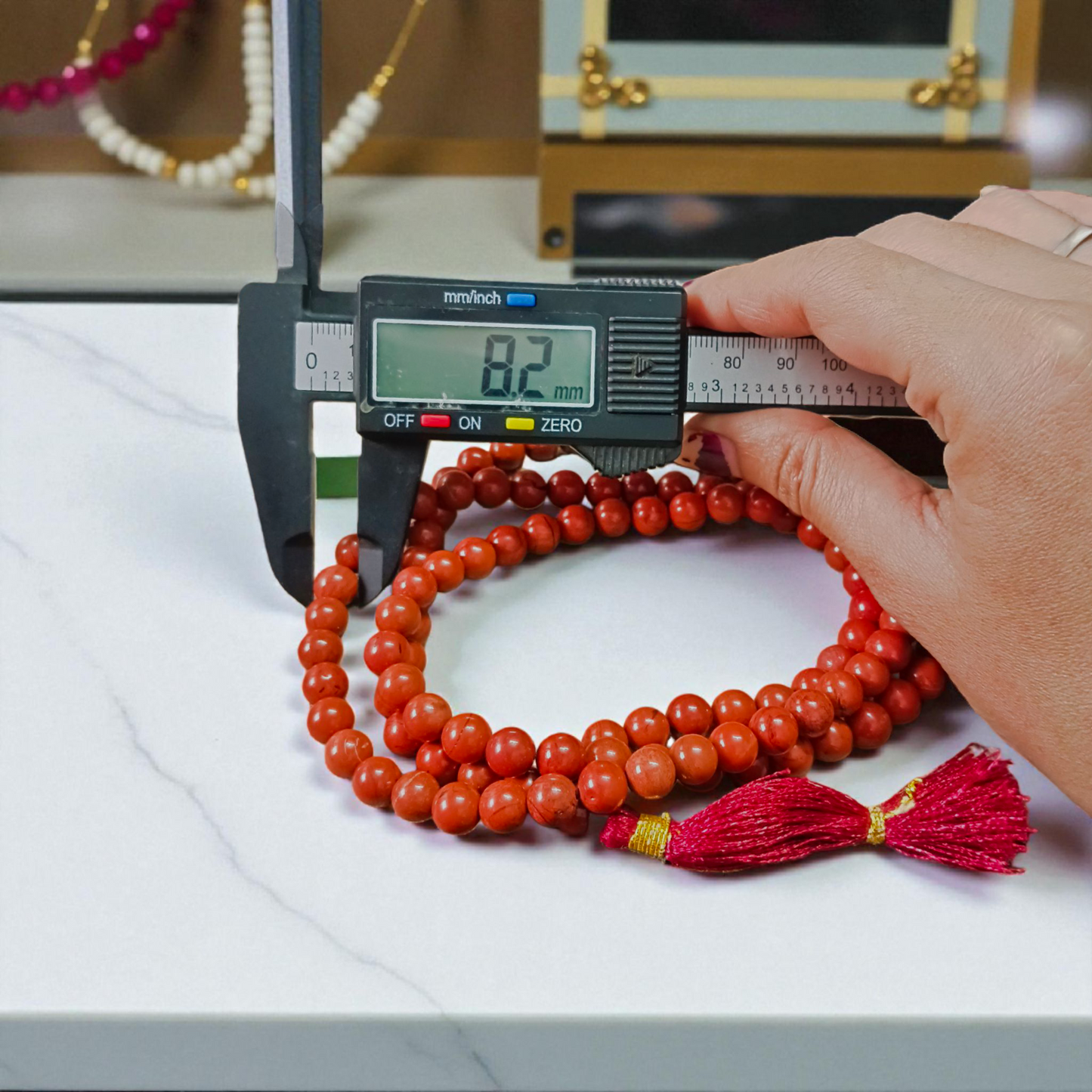 Natural Red Jasper Mala 108+1 beads & 27+1 beads with 8mm bead size, lab-certified, ideal for meditation, Japa, and Reiki healing